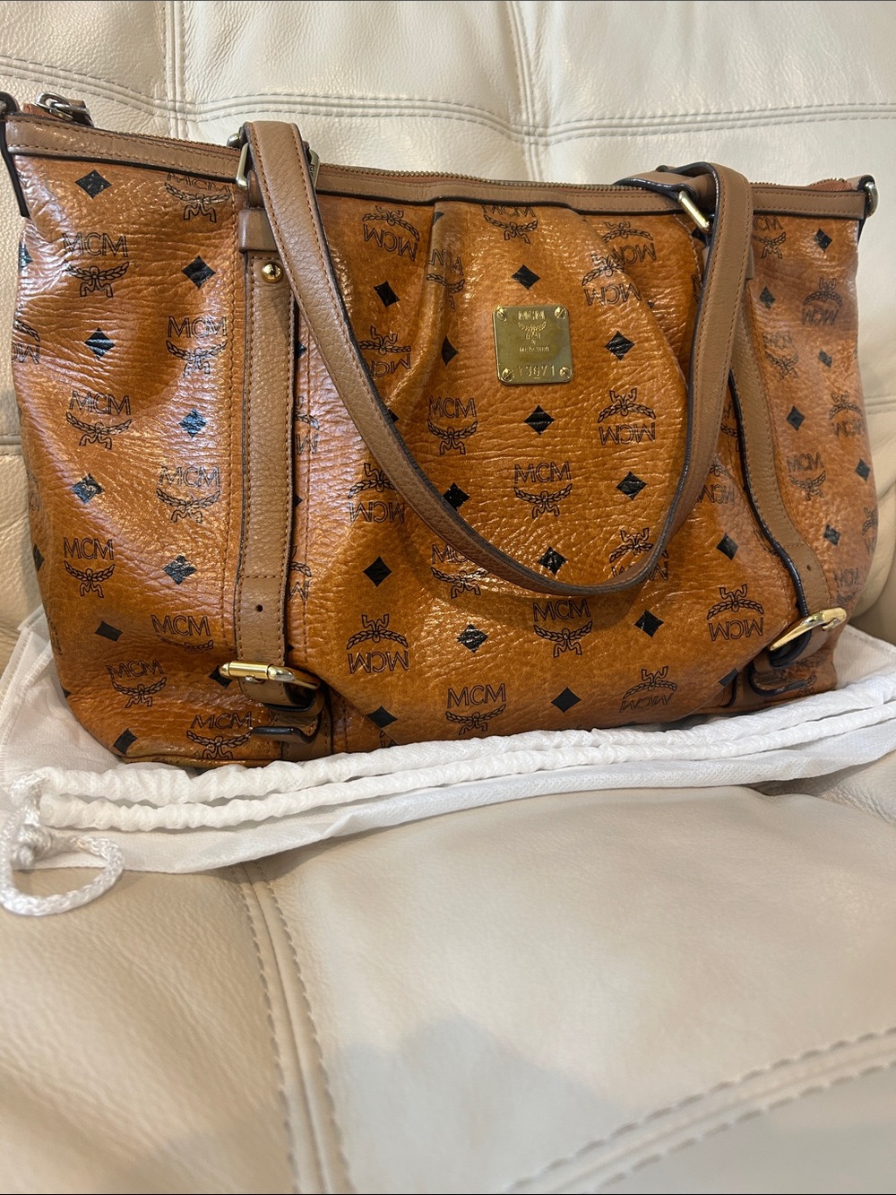 MCM Cognac Visetos Monogram Shoulder Bag with Gold Plaque